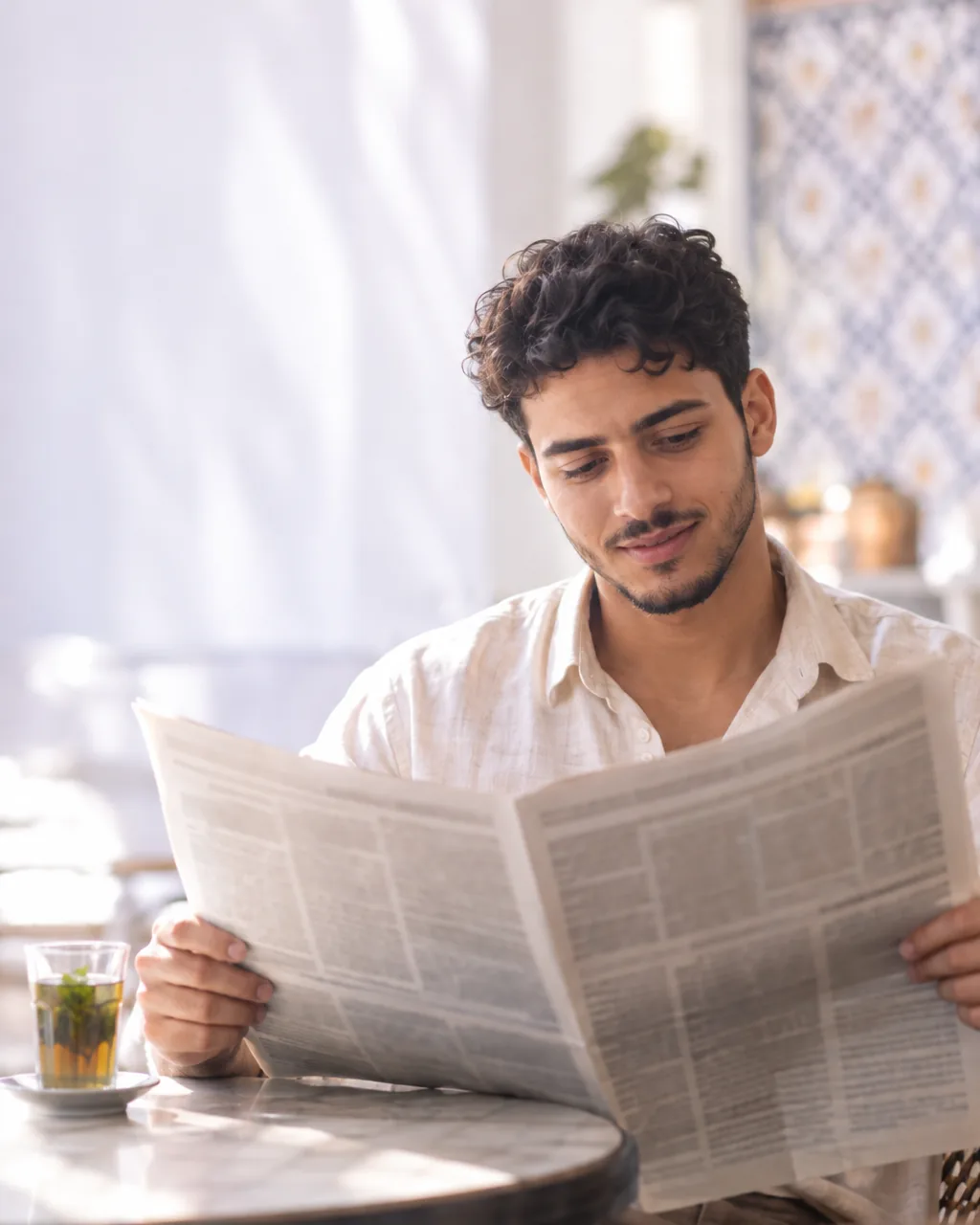 شاب مغربي كيقرا جريدة بالعربية فقهوة